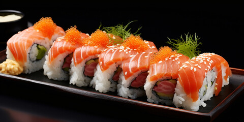 The world's most popular food sushi food .Art of Sushi Traditional Roll on White Canvas 
 .

