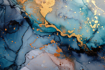 Gold and navy blue alcohol ink and watercolor abstract painting background. Splashes with golden veining fluid art.