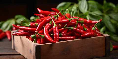 Harvest of Red Chilies in Wooden Baskets .
Thai chili HD 8K wallpaper Stock Photographic Image .
  - obrazy, fototapety, plakaty