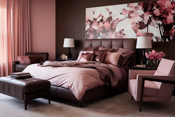 Pink brown modern living room bedroom interior luxury apartment with sofa bed