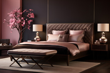Pink brown modern living room bedroom interior luxury apartment with sofa bed