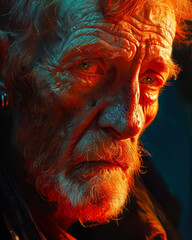 An old man with red hair, staring at a large light, face close-up.