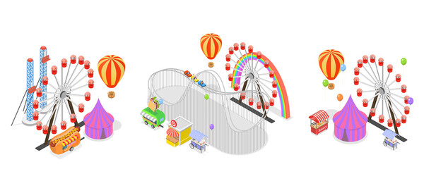3D Isometric Flat  Set of Amusement Parks, Observation Wheel, Roller Coaster
