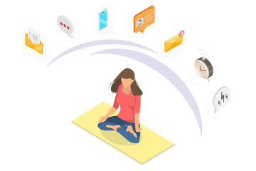 3D Isometric Flat Illustration of Digital Detox, Stress Management, Meditation and Relaxation