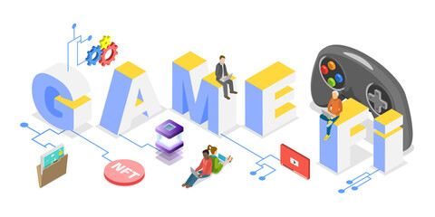 3D Isometric Flat  Illustration of Gamefi , Play to Earn Technology
