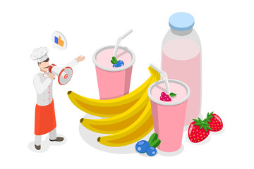 3D Isometric Flat  Illustration of Healthy Sweet Dessert, Freezing in Popsicle Mold