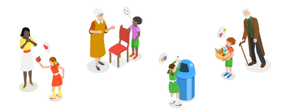 3D Isometric Flat Illustration of Child Behavior, Kids with Good Manners