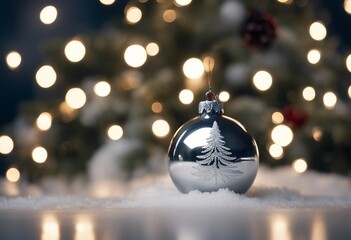 Christmas holiday background Silver bauble hanging from a decorated on tree with bokeh