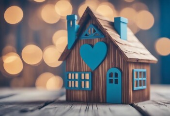 Home sweet home house wood with heart shape on wooden and blue background copy space