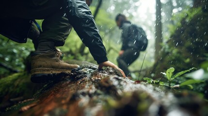 Jungle Challenge: In a low angle shot, an Asian couple attempts to climb over a log in a raining jungle, with the focus on their trekking shoes in this adventurous and challenging trek.

