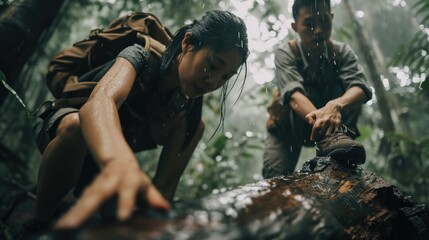 Jungle Challenge: In a low angle shot, an Asian couple attempts to climb over a log in a raining jungle, with the focus on their trekking shoes in this adventurous and challenging trek.