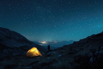 Wilderness Cosmos: In the Albanian wilderness, a trekker's campsite is illuminated by the clear night sky and twinkling stars, captured with high aperture and long exposure for a stunning night landsc