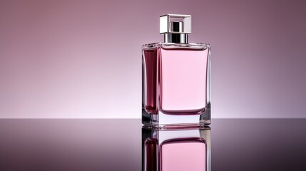 A sleek pink blank perfume glass bottle on a reflective surface with soft studio lighting.