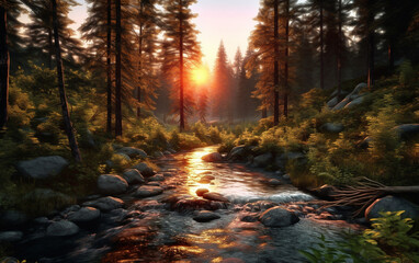 Fototapeta premium Forest creek at sunset