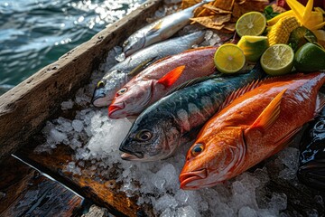 Oceanic Bounty: A variety of freshly caught fish, including mahi-mahi, snapper, and swordfish, displayed on a bed of ice on the wooden deck of a fishing boat, with ample copy space.

