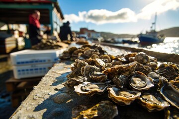 Galician Seafood Showcase: A vibrant oysters market in Galicia under a blue sky, where local fishermen showcase fresh catches, elegantly arranged with skillful preparation.

