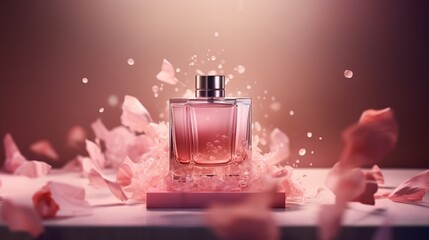 A visually striking 3D composition featuring a pink fragrance bottle and subtle particle effects.