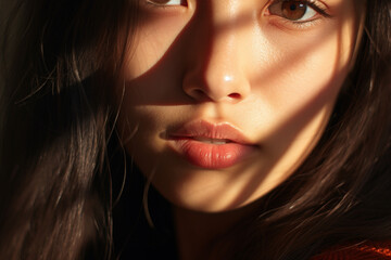 Extreme close up of asian woman with striking eyes and pouty lips.Face of beautiful caucasian woman. interplay of light and shadow. Dramatic composition. High quality photo - obrazy, fototapety, plakaty