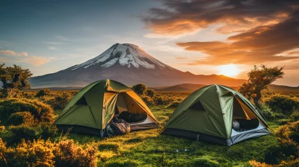 Washable wall murals Kilimanjaro Kilimanjaro Heights: Enjoy the Wilderness Experience of Camping on Kilimanjaro, Tents Set Up at High-Altitude, Providing a Spectacular Backdrop of the Vast African Plains Stretching Below.     