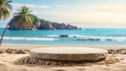 Fototapeta na wymiar rock podium for product presentation on beach sand with blurred beach background