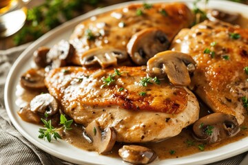 Savor the Gourmet Pleasure of Chicken Marsala with Mushrooms, featuring Chicken Breasts in a Flavorful Marsala Wine Sauce with Garlic and Herbs - A Delicious Italian-inspired Culinary Creation - obrazy, fototapety, plakaty