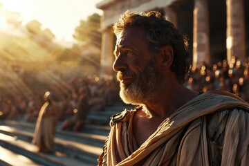 Birth of Democracy: A Cinematic Scene of Cleisthenes in His Fifties, Addressing the Athenian Assembly in the Agora, Bathed in Warm Greek Sunlight and Sun Flare.

