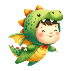 Watercolor cute kid in dragon suit. Happy kid in green dragon costume. Year of the dragon concept. Chinese new year illustration.