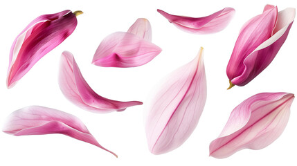 Set of spring season pink magnolia flowers petals isolated on background. - obrazy, fototapety, plakaty