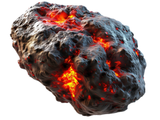 A meteor or asteroid with red lava isolated on transparent background.
