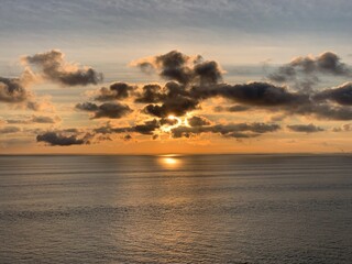 Sunrise from the ship sailing in the Baltic Sea near Halland County coast, Sweden, September 2022