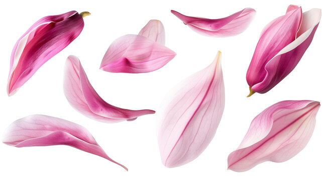 Set of spring season pink magnolia flowers petals isolated on background.