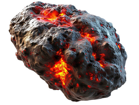 A meteor or asteroid with red lava isolated on transparent background.