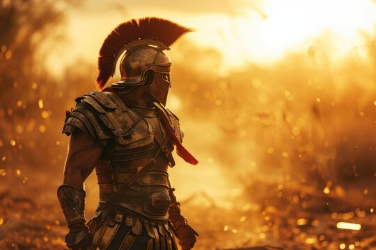 God of Conquest: A Cinematic Scene of Mars, Roman God of War, Clad in Full Battle Armor, Standing Amidst the Battlefield Aftermath, Harsh Sunlight and Sun Flare Emphasizing His Martial Prowess.

