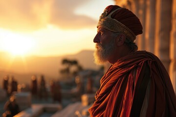  Birth of Democracy: A Cinematic Scene of Cleisthenes in His Fifties, Addressing the Athenian Assembly in the Agora, Bathed in Warm Greek Sunlight and Sun Flare - obrazy, fototapety, plakaty