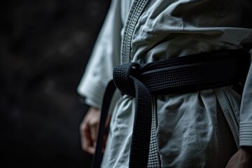 Black Belt Warriors: Person in Kimono and Black Belt on Black Background with Space for Text. Martial Arts Discipline Concept 
