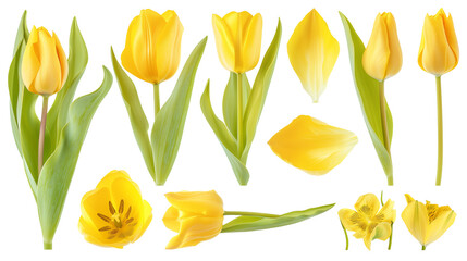 Realistic yellow tulips with petals set on transparent background