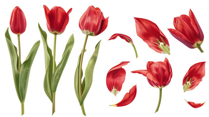 Realistic red tulips with petals set on transparent background