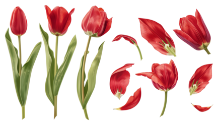 Realistic red tulips with petals set on transparent background