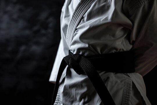 Black Belt Warriors: Person in Kimono and Black Belt on Black Background with Space for Text. Martial Arts Discipline Concept 
