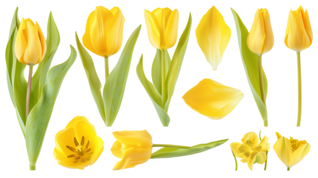 Realistic yellow tulips with petals set on transparent background