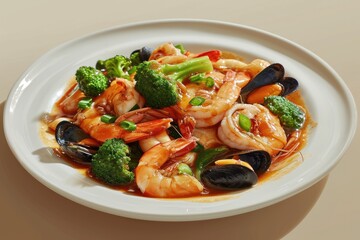 An Empty Dining Setting Showcases Seafood Chop Suey, a Harmonious Blend of Seafood, Broccoli, and Spicy Sauce on a Creamy Beige Background