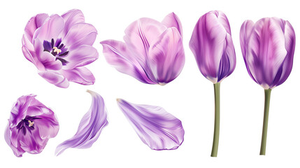 Realistic lilac tulips with petals set on transparent background