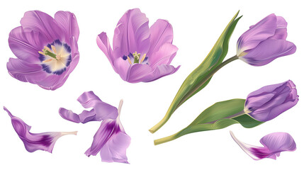 Realistic lilac tulips with petals set on transparent background