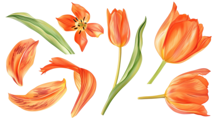 Realistic orange tulips with petals set on transparent background