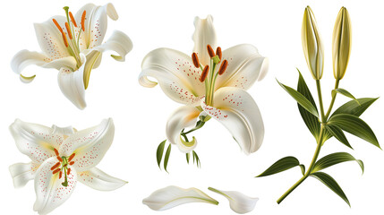 Set of springtime lily flowers and petals isolated on transparent background.