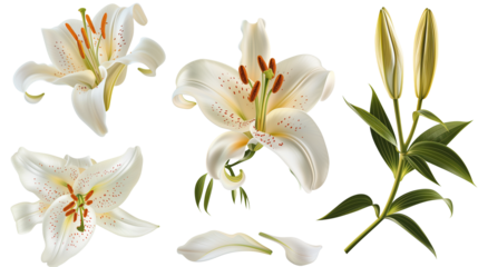 Set of springtime lily flowers and petals isolated on transparent background.