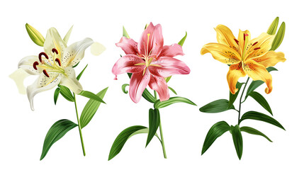 Obraz premium Set of springtime lily flowers and petals isolated on transparent background.