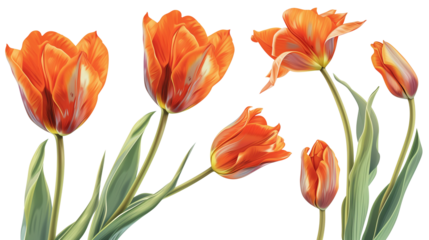 Realistic orange tulips with petals set on transparent background