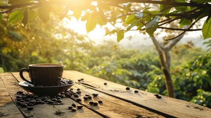 Coffee Oasis. Immerse yourself in the calming ambiance of a wood table, set against a captivating coffee field background. A moment of stillness AI Generative	
