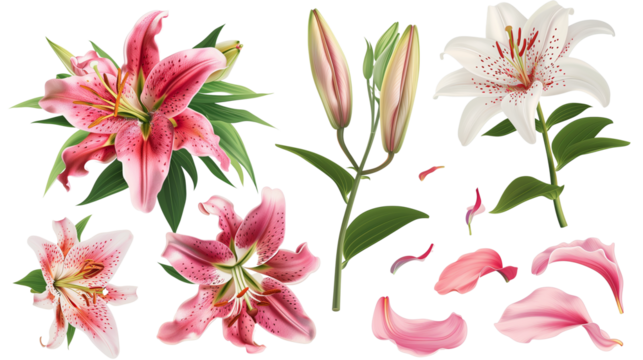 Set of springtime lily flowers and petals isolated on transparent background.